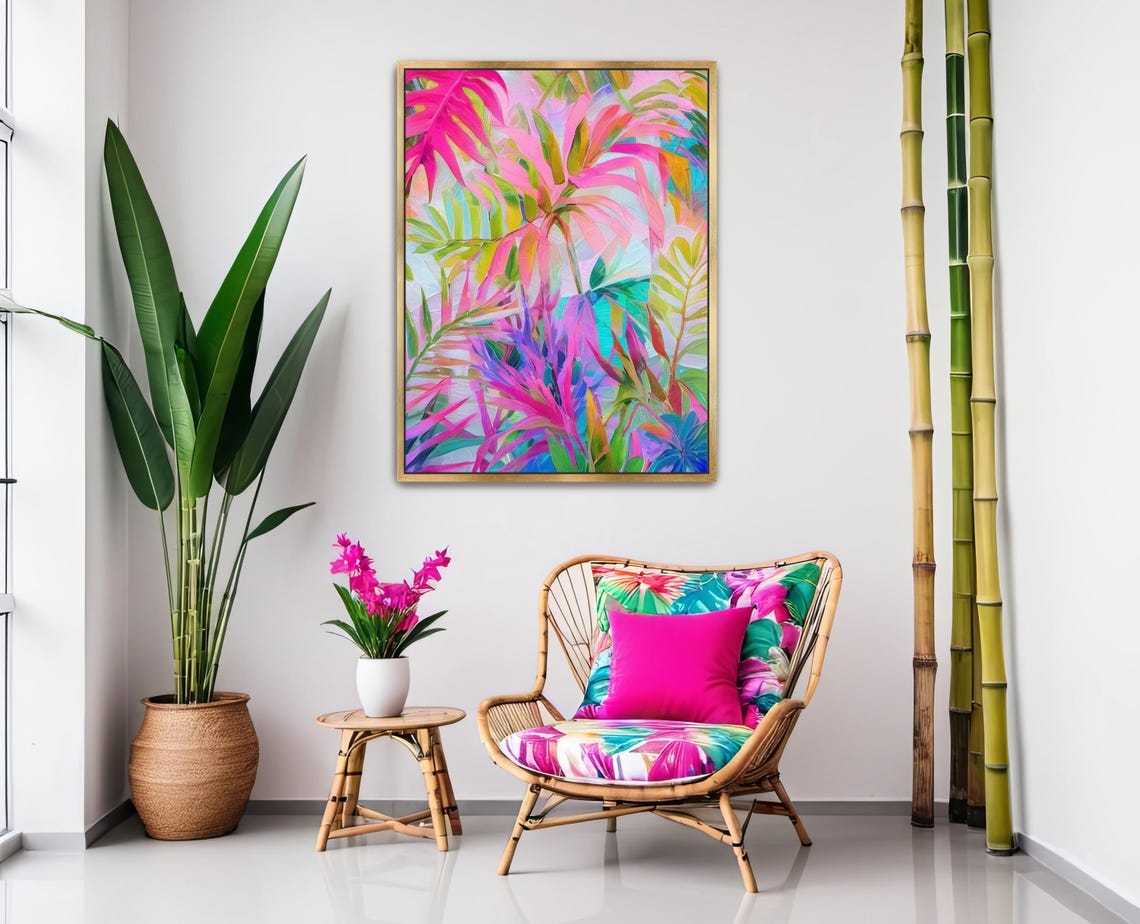Hand Painted Abstract Acrylic Painting Large Artwork Wall Art Bright Rainbow Colorful Tropical Palm Leaves Textured Framed Decor - Image 2