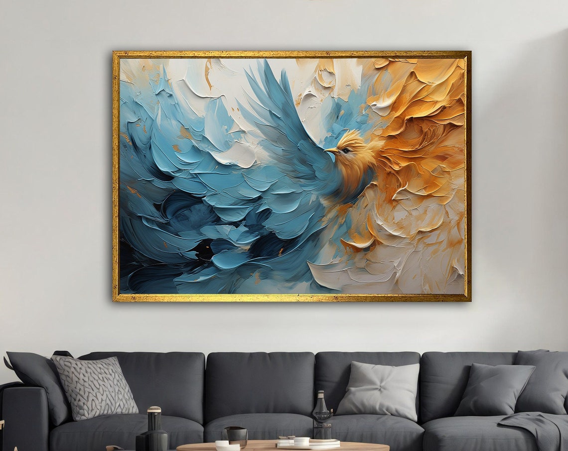 Blue Gold Bird Flying Painting Textured Wings Majestic Flight Poster
