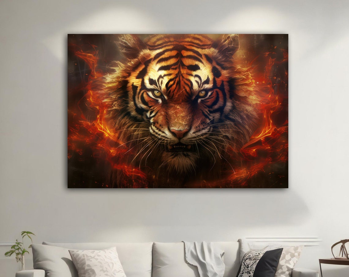 Fiery Tiger Face Flames Wild Burning Eyes Dramatic Animal Art Poster