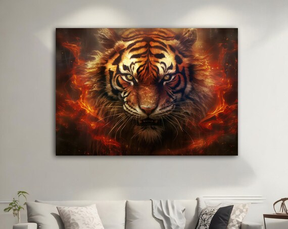 Fiery Tiger Face Flames Wild Burning Eyes Dramatic Animal Art Poster