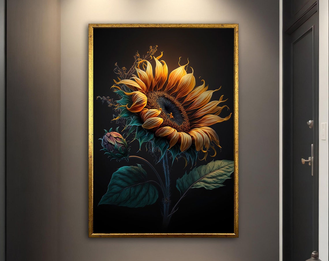Sunflower Bloom Black Background Dramatic Botanical Gold Frame Poster