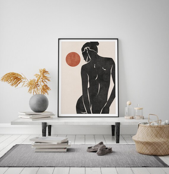 Abstract Black Female Silhouette Terracotta Sun Boho Wall Poster