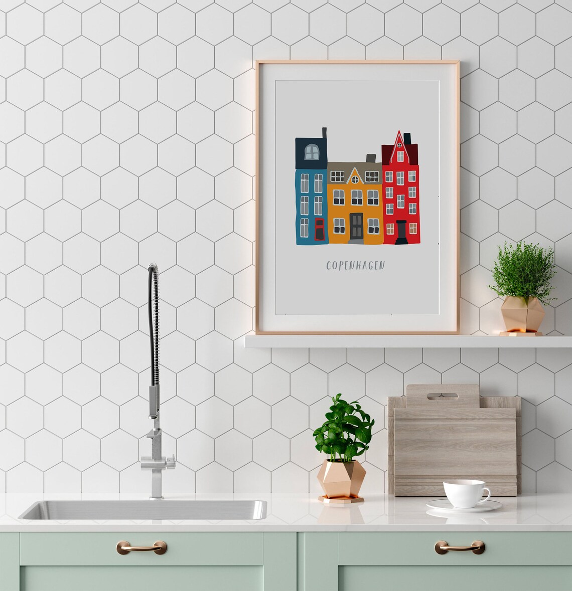 Copenhagen Colorful Canal Houses Modern Scandinavian Travel Poster