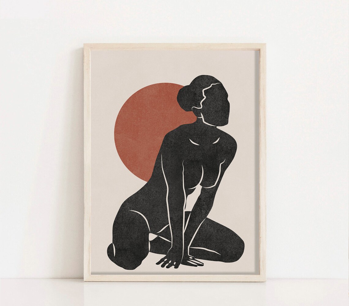 Black Female Silhouette Kneeling Terracotta Sun Modern Abstract Figure Poster