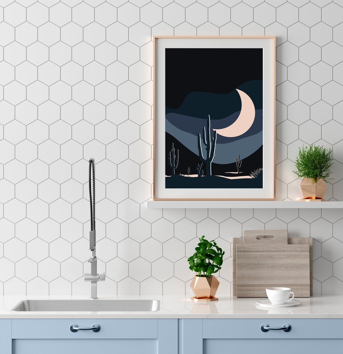 Midnight Desert Cactus Crescent Moon Mid Century Modern Art Print