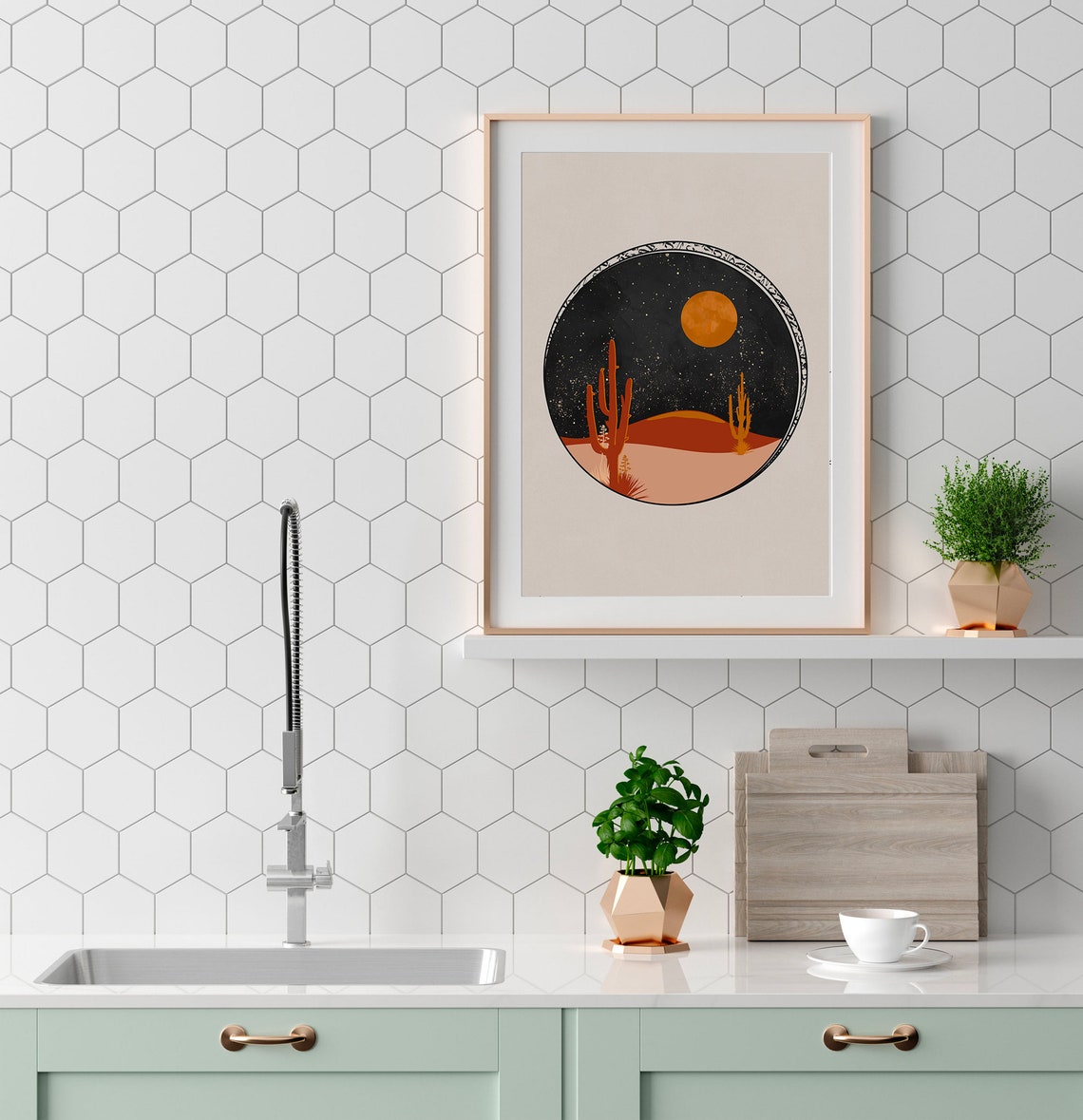 Desert Night Saguaro Cactus Moon Circular Framed Boho Art Poster