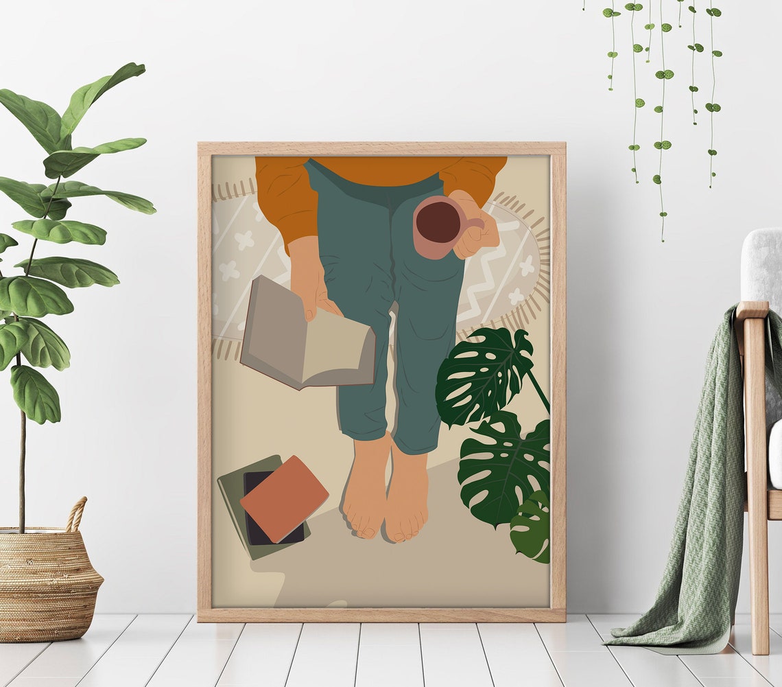 Cozy Woman Reading With Coffee Boho Earthy Illustration Art Print
