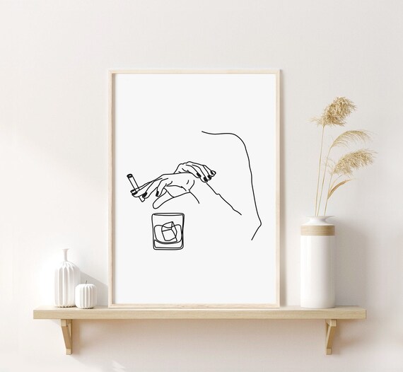 Minimalist Line Drawing Woman Whiskey Glass Elegant Art Poster