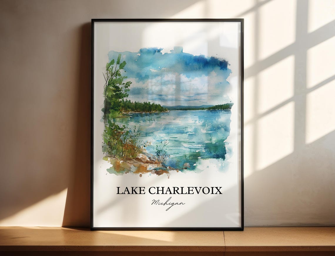 Lake Charlevoix Michigan Tranquil Lakeshore Watercolor Poster