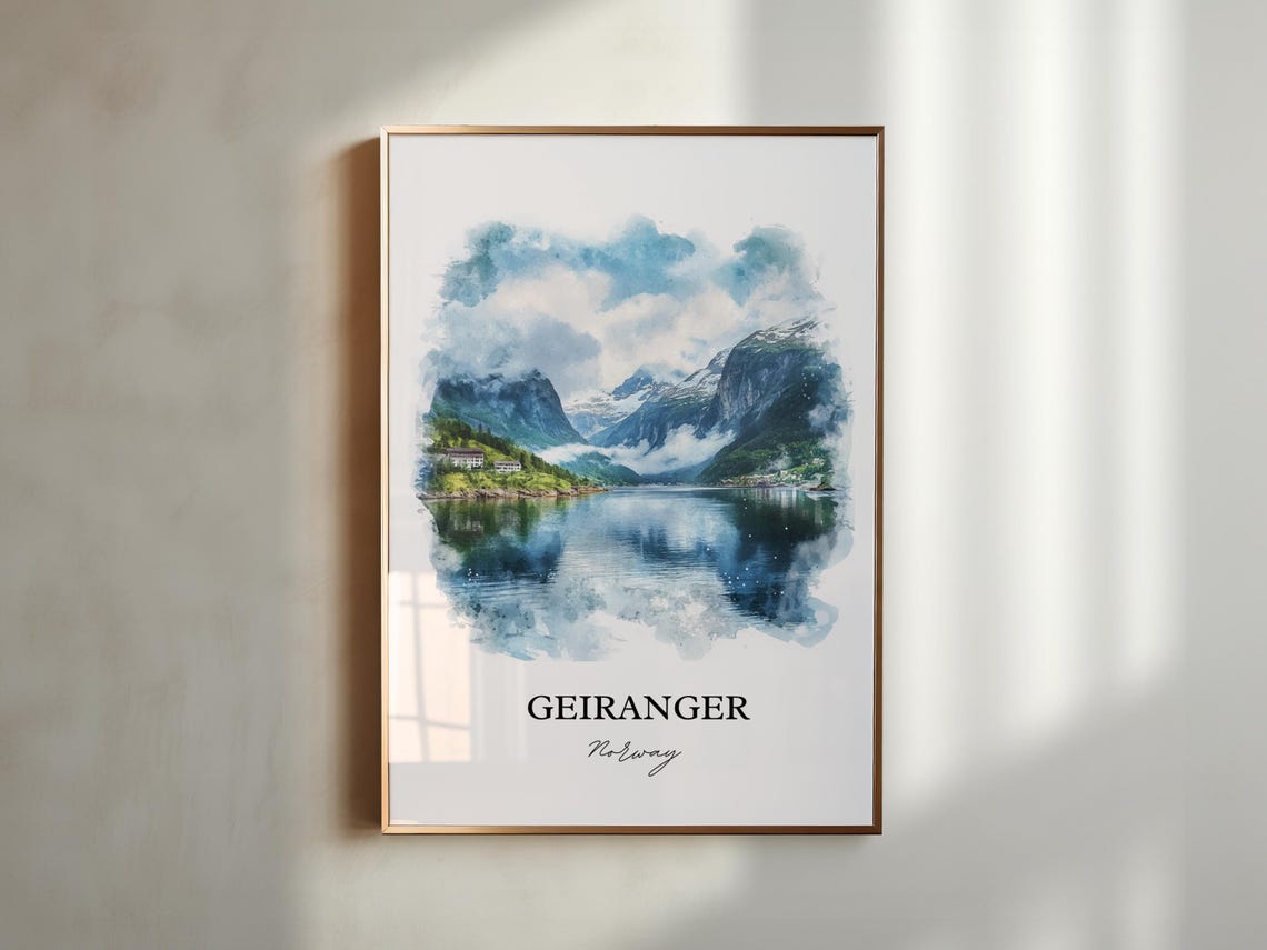 Geiranger Norway Watercolor Fjord Mountains Lake View Poster - Image 5