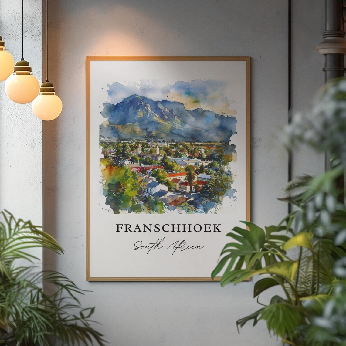 Franschhoek South Africa Mountain Town Panorama Watercolor Poster - Image 2