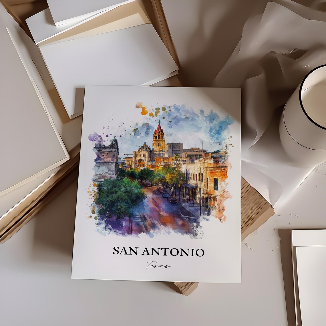 San Antonio Texas Historic Cathedral Street Watercolor Travel Poster - Image 3