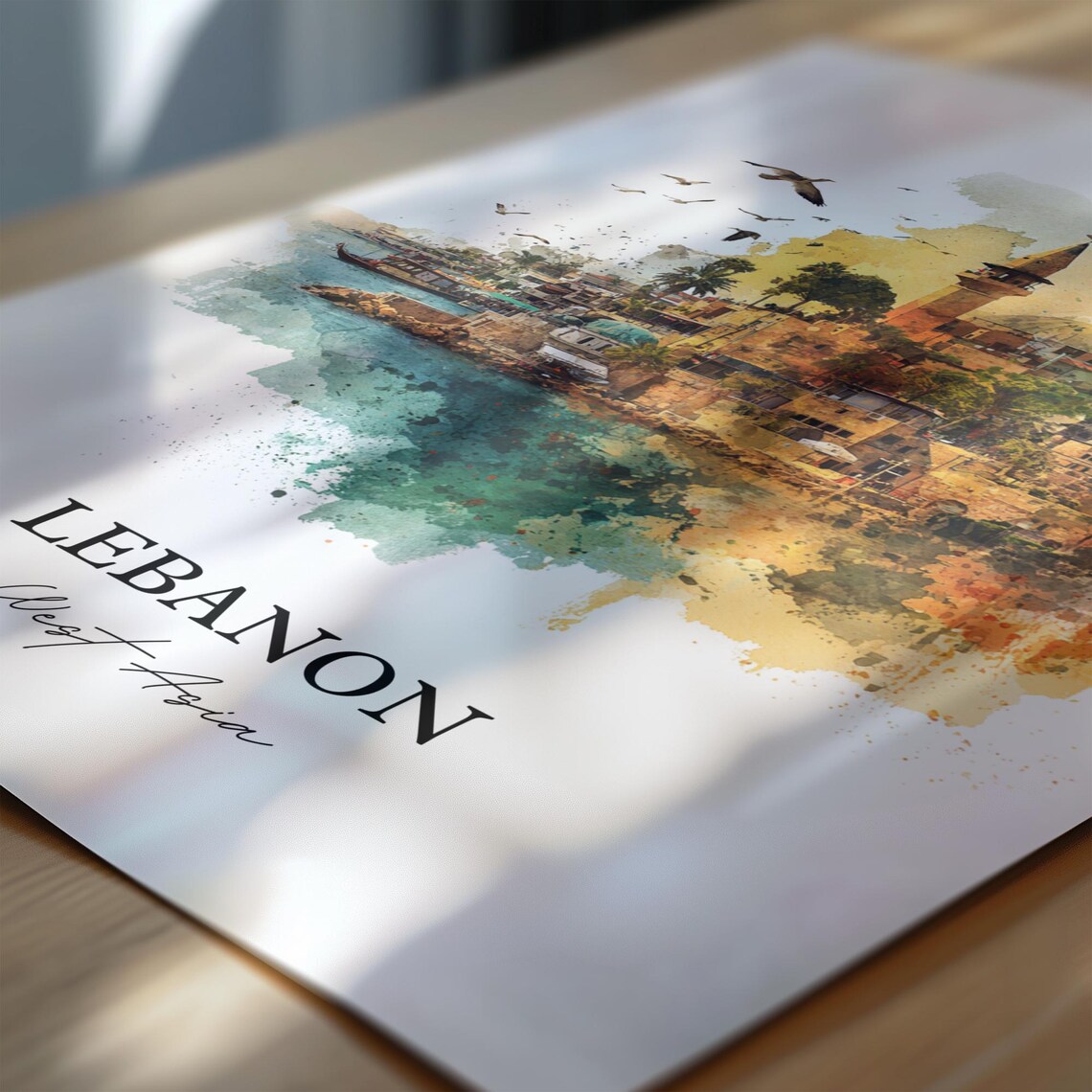 Lebanon West Asia Watercolor Coastal Old Town Minaret Travel Poster - Image 6