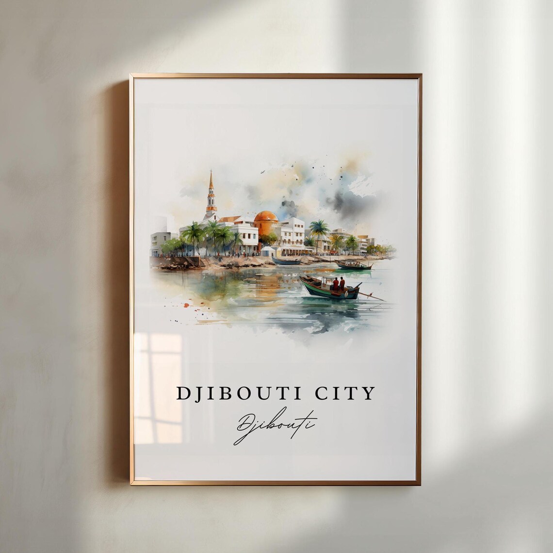 Djibouti City Harbor Watercolor With Minaret And Boats Africa Poster