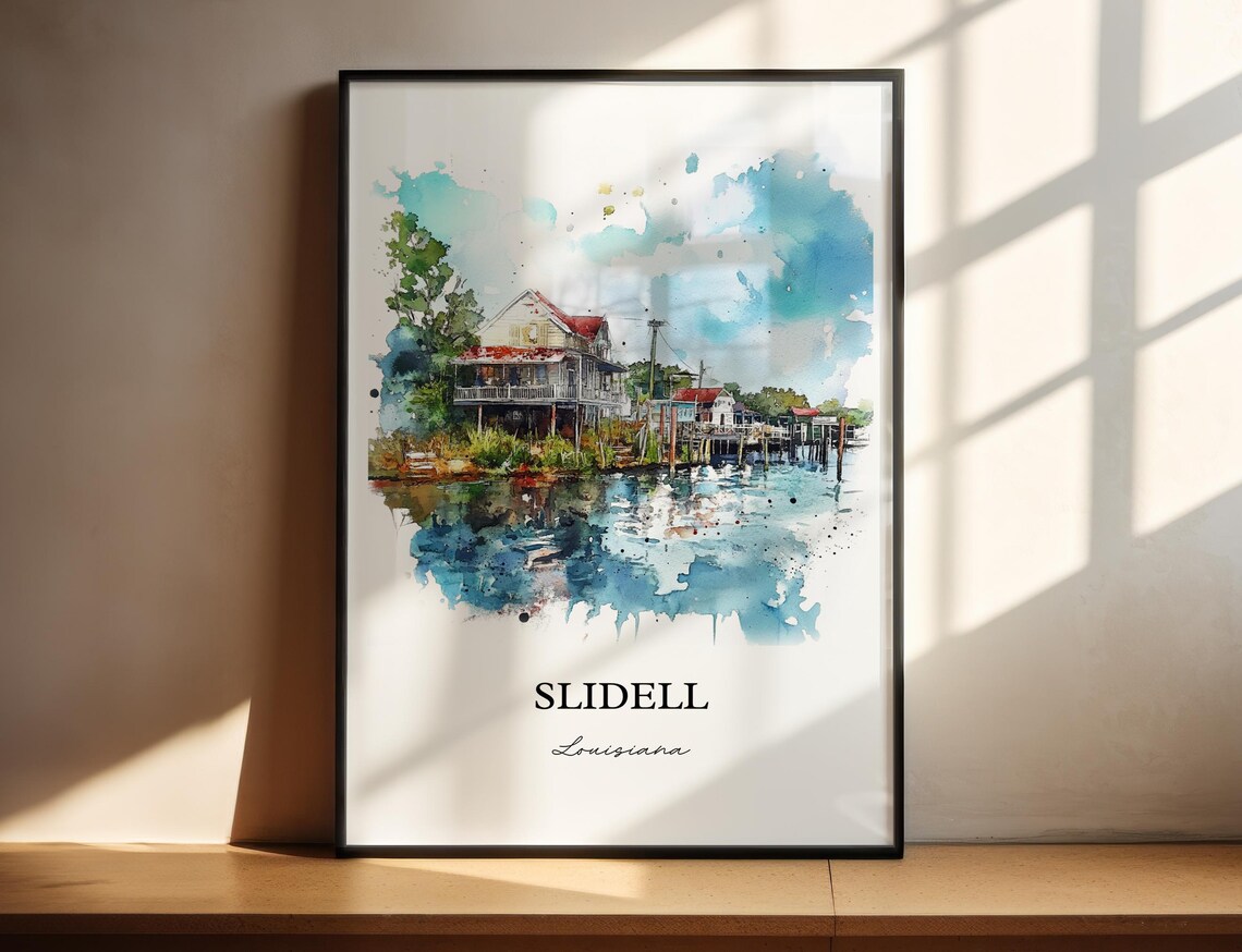 Slidell Louisiana Bayou Waterfront Camp House Watercolor Travel Poster
