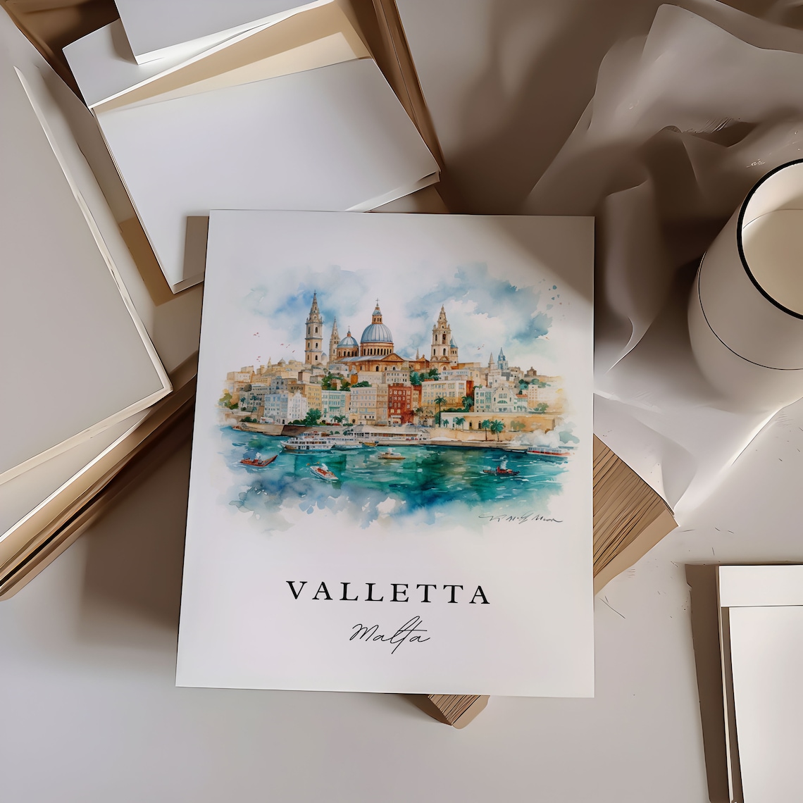 Valletta Malta Historic Harbor Skyline Watercolor Travel Poster - Image 6