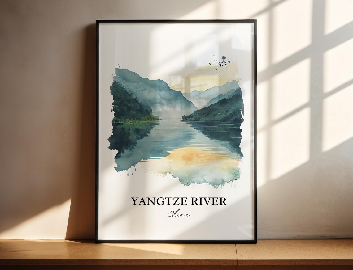 Yangtze River China Watercolor Misty Gorge River Landscape Art Print