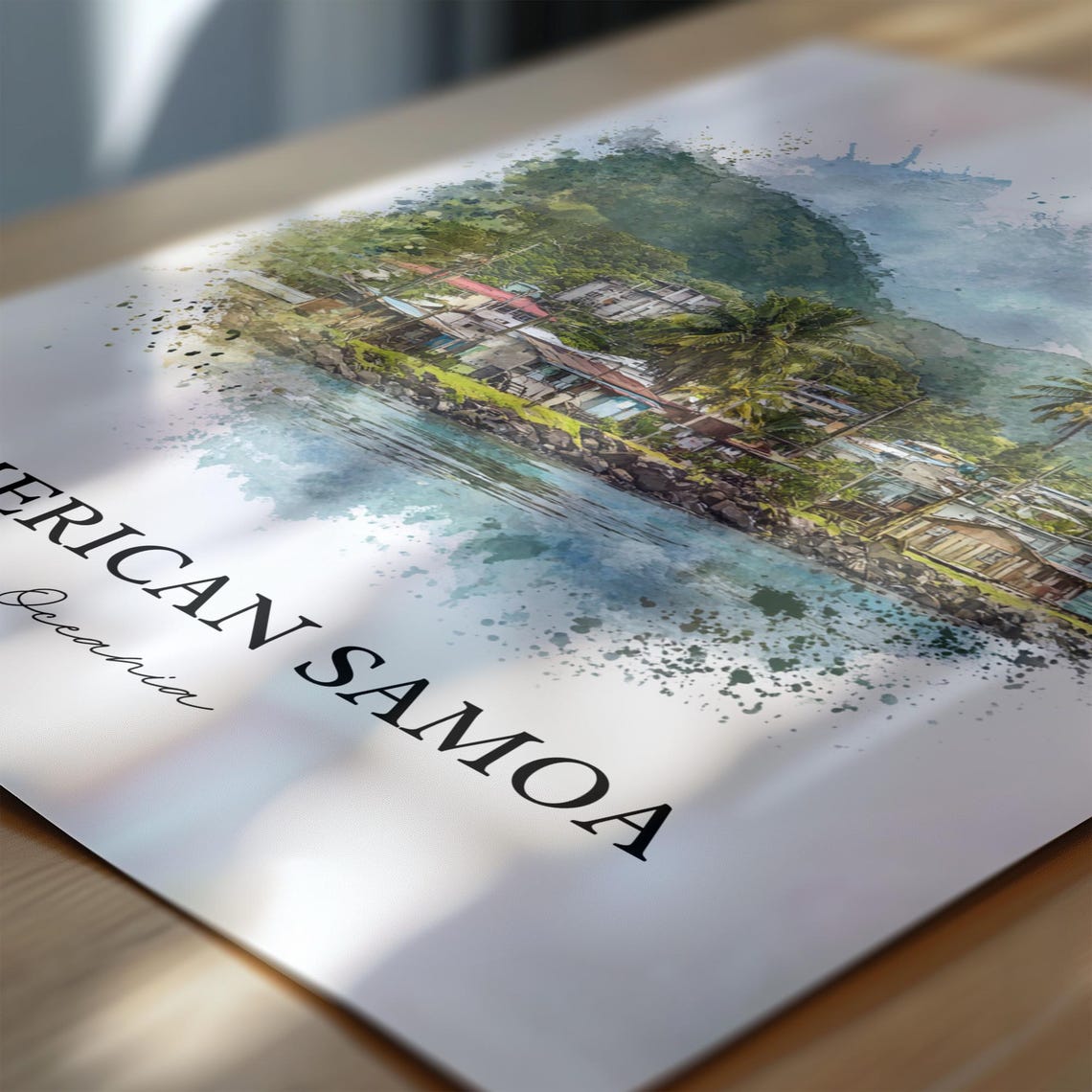 American Samoa Watercolor Coastal Village Ocean Travel Poster - Image 6