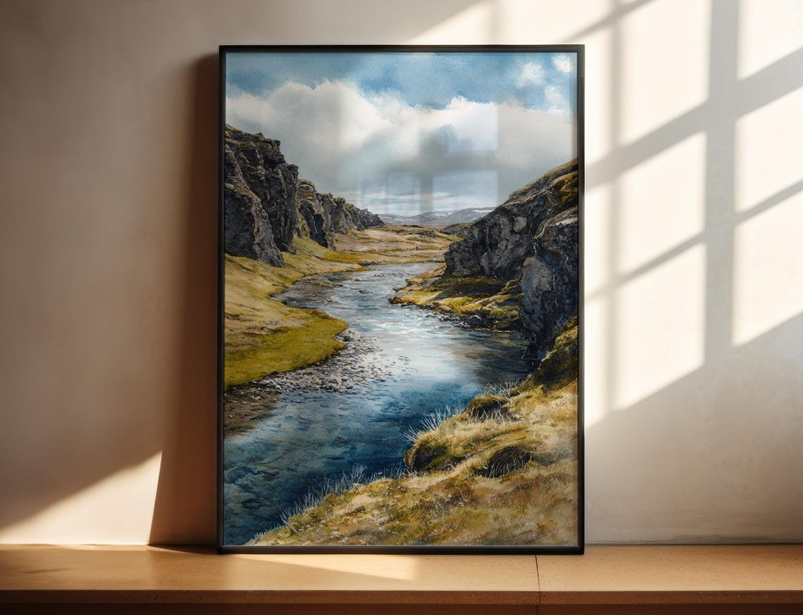 Golden Circle Iceland River Valley Watercolor Landscape Poster