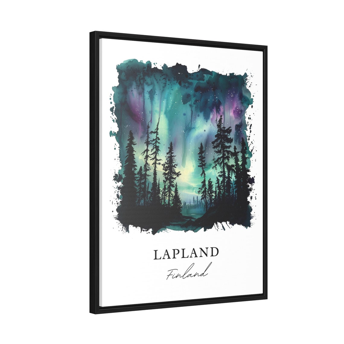 Lapland Finland Northern Lights Forest Watercolor Travel Poster - Image 2