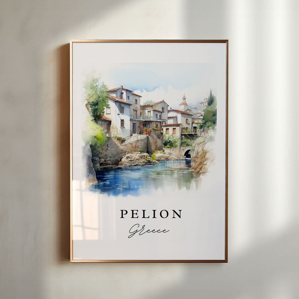 Pelion Greece Watercolor Riverside Village Travel Scene Poster