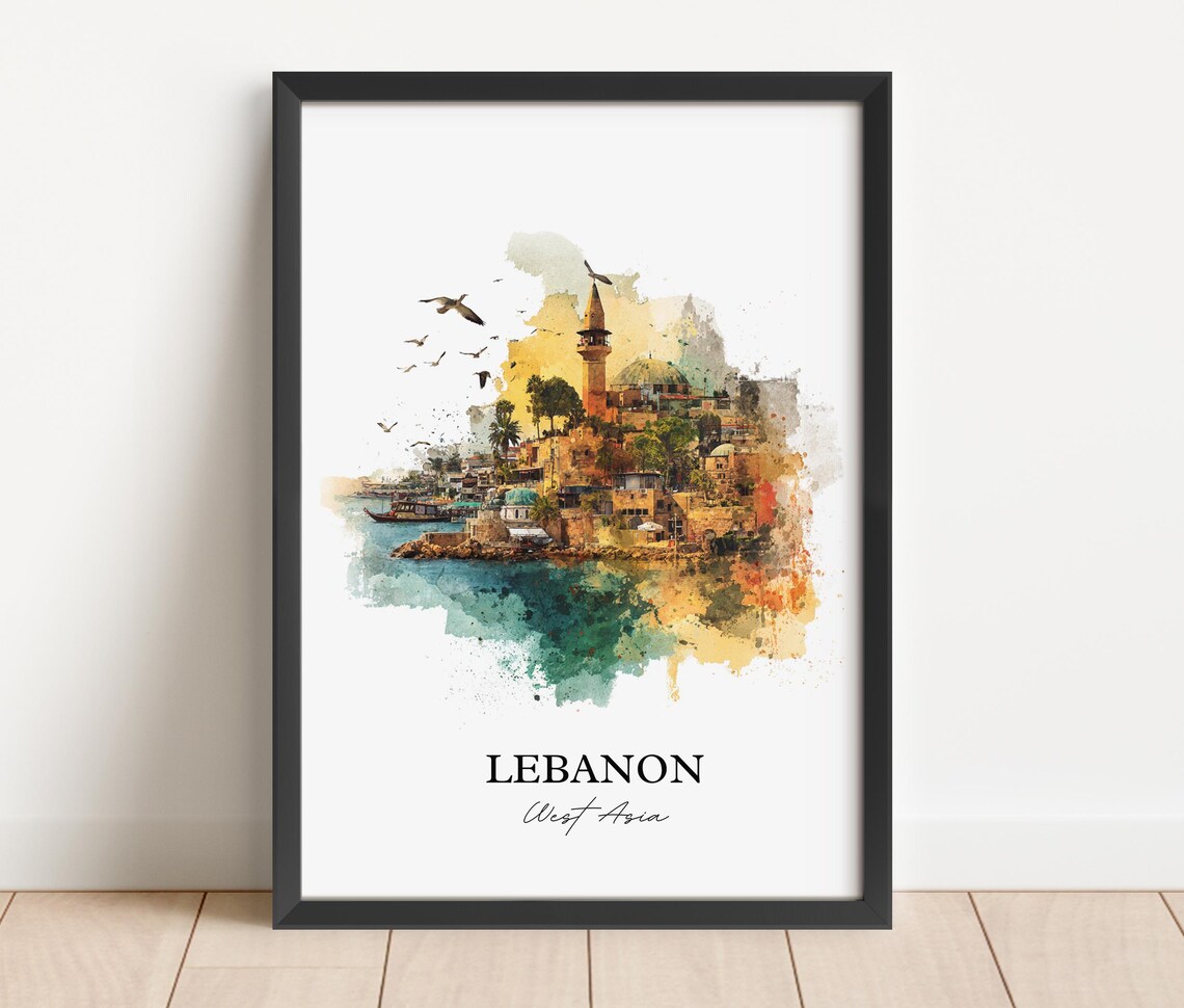Lebanon West Asia Watercolor Coastal Old Town Minaret Travel Poster - Image 4