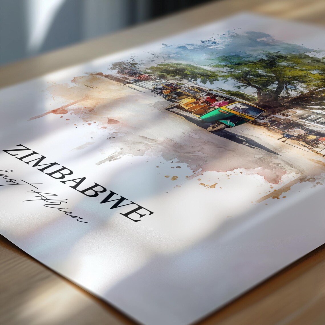 Zimbabwe East Africa Tuk Tuk Street Scene Watercolor Travel Poster - Image 6