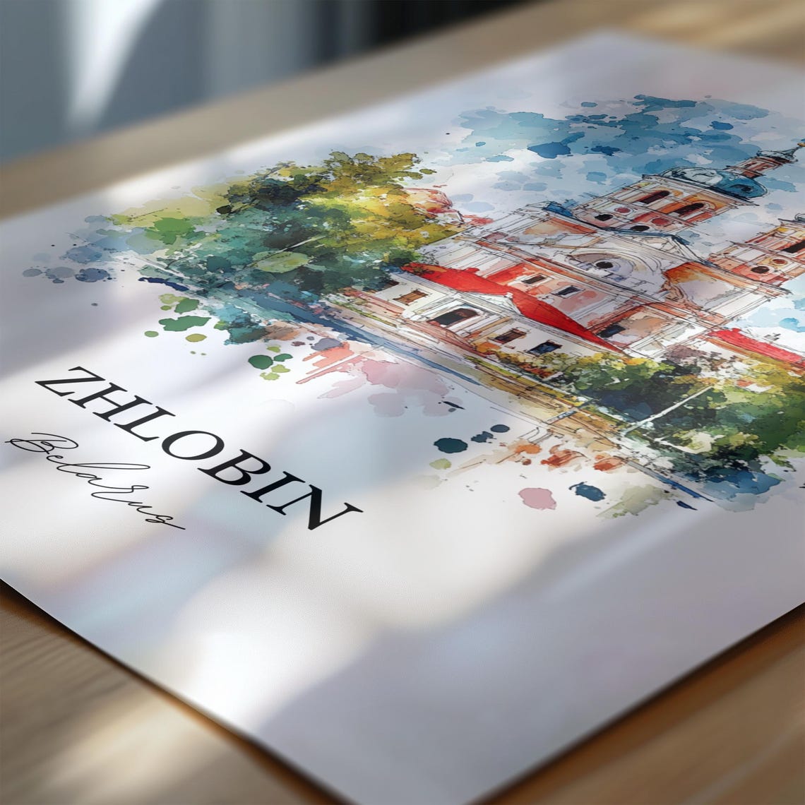 Zhlobin Belarus Twin Towered Church in Green Watercolor Poster - Image 6