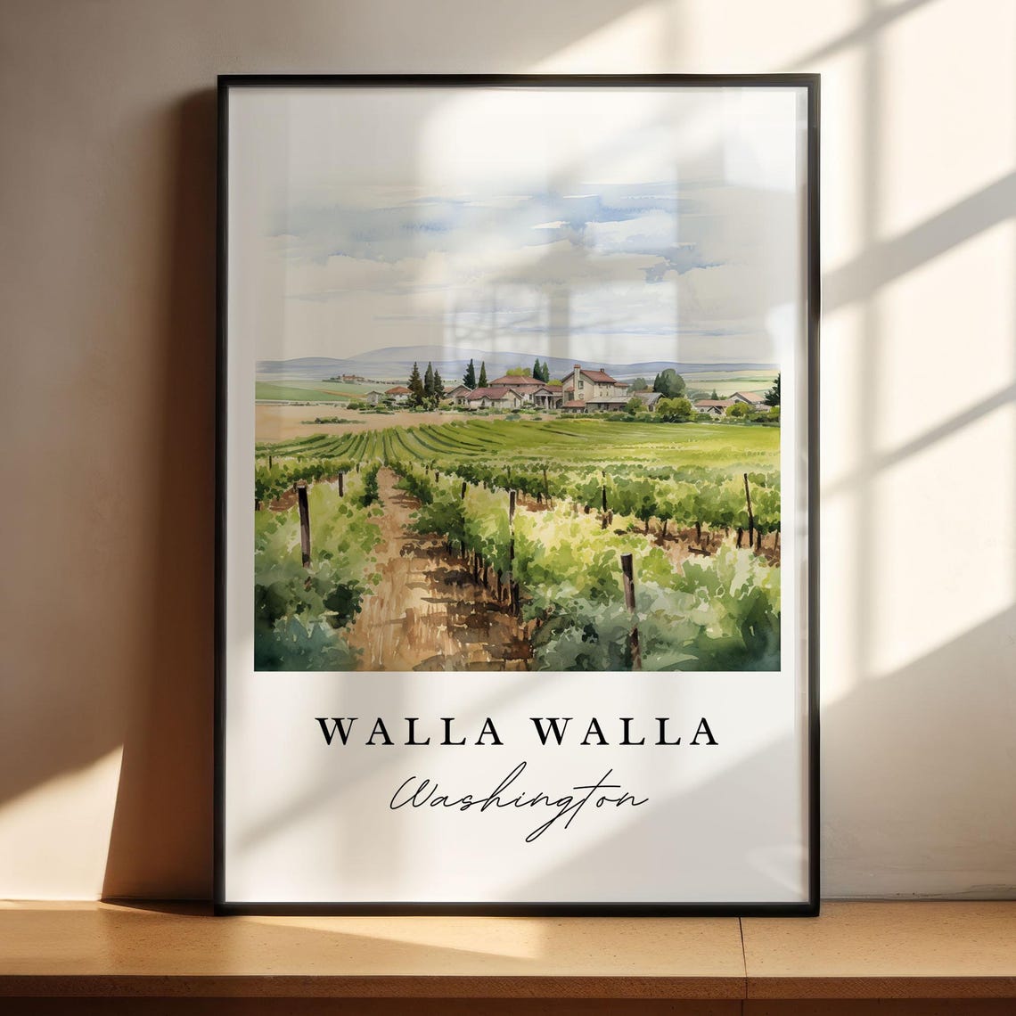 Walla Walla Washington Vineyard Rows Watercolor Travel Gift Poster