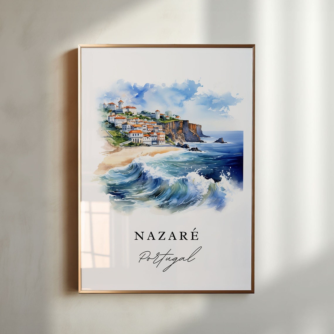 Nazare Travel Poster, Watercolor Wall Art Print