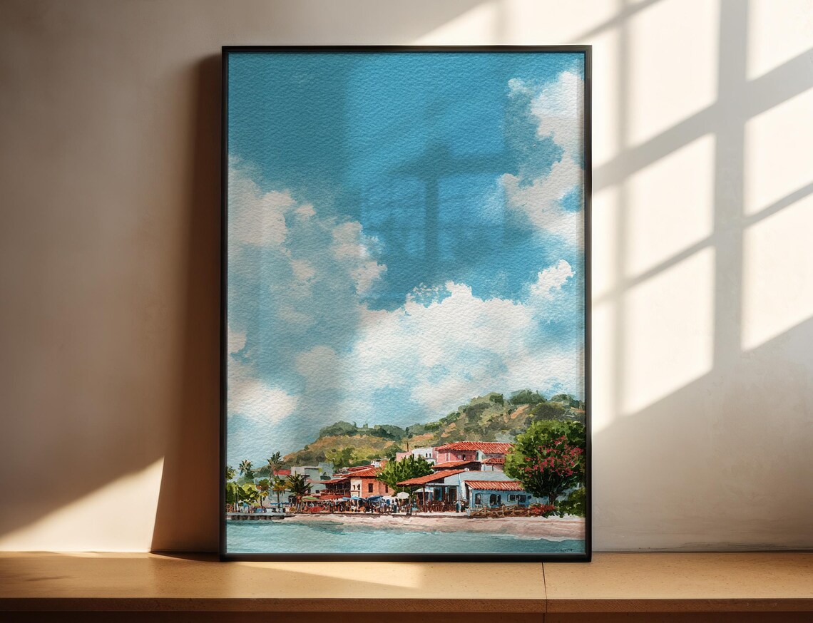 Isla Margarita Venezuela Coastal Town Beach Watercolor Travel Poster
