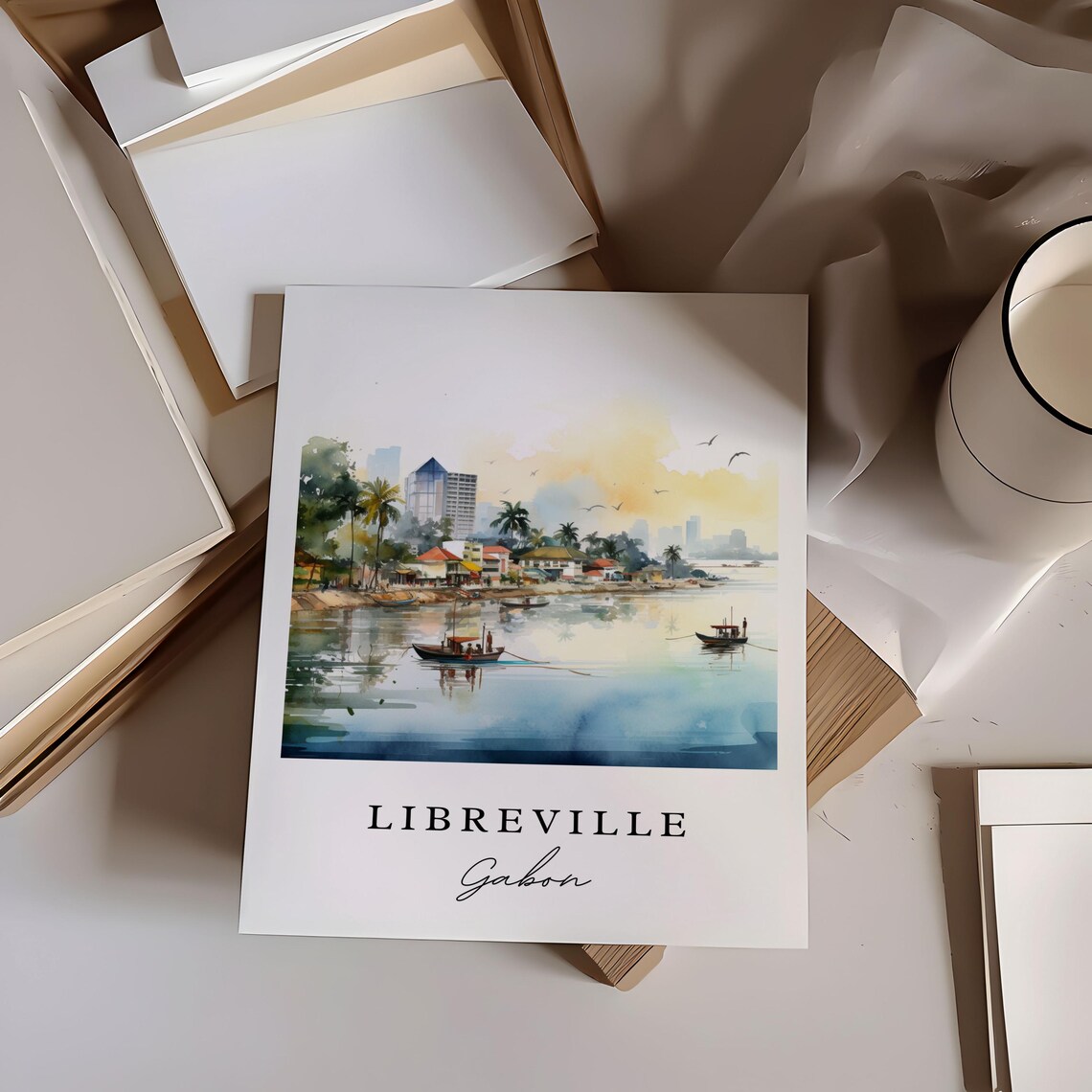 Libreville Gabon Harbor Boats Watercolor Travel Souvenir Poster - Image 6