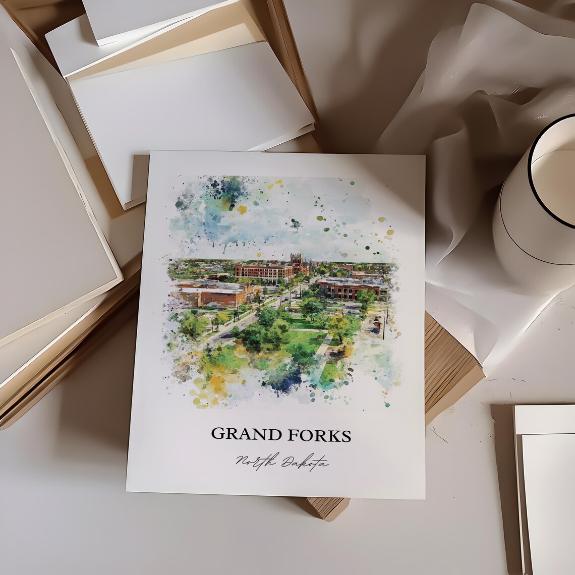 Grand Forks North Dakota Watercolor City Aerial Green Park Poster - Image 3