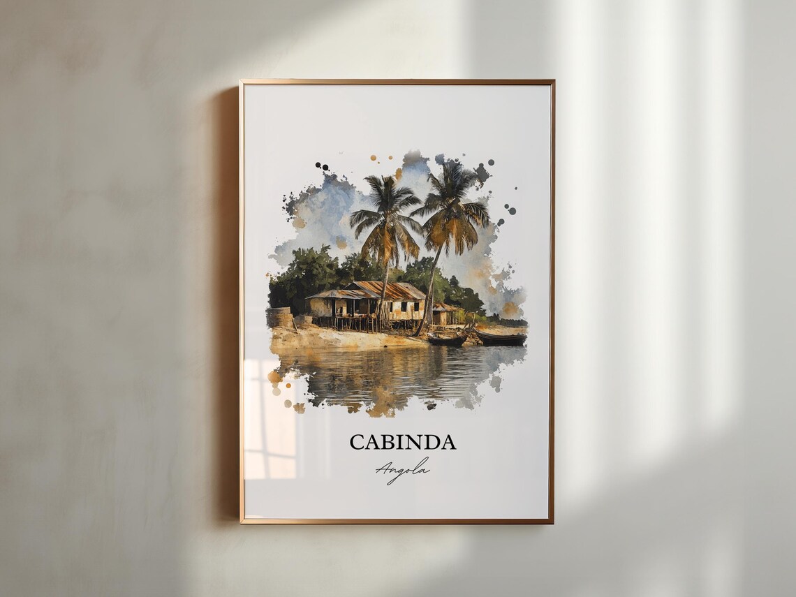 Cabinda Angola Watercolor Riverside Palm Trees Travel Art Poster - Image 2