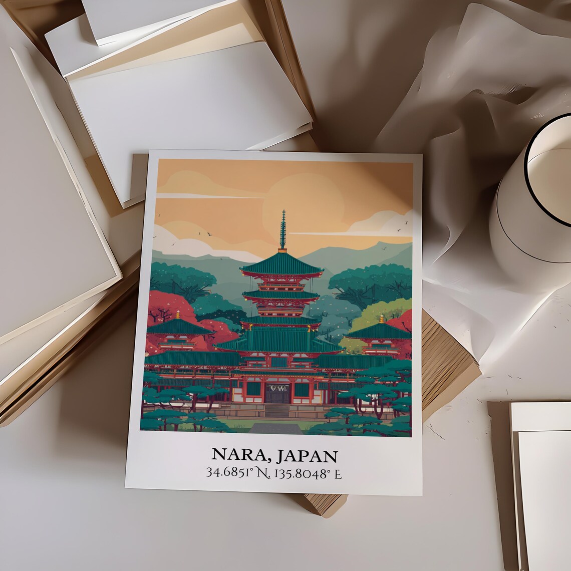 Nara Japan Five Storied Temple Pagoda Autumn Sunset Travel Poster - Image 4
