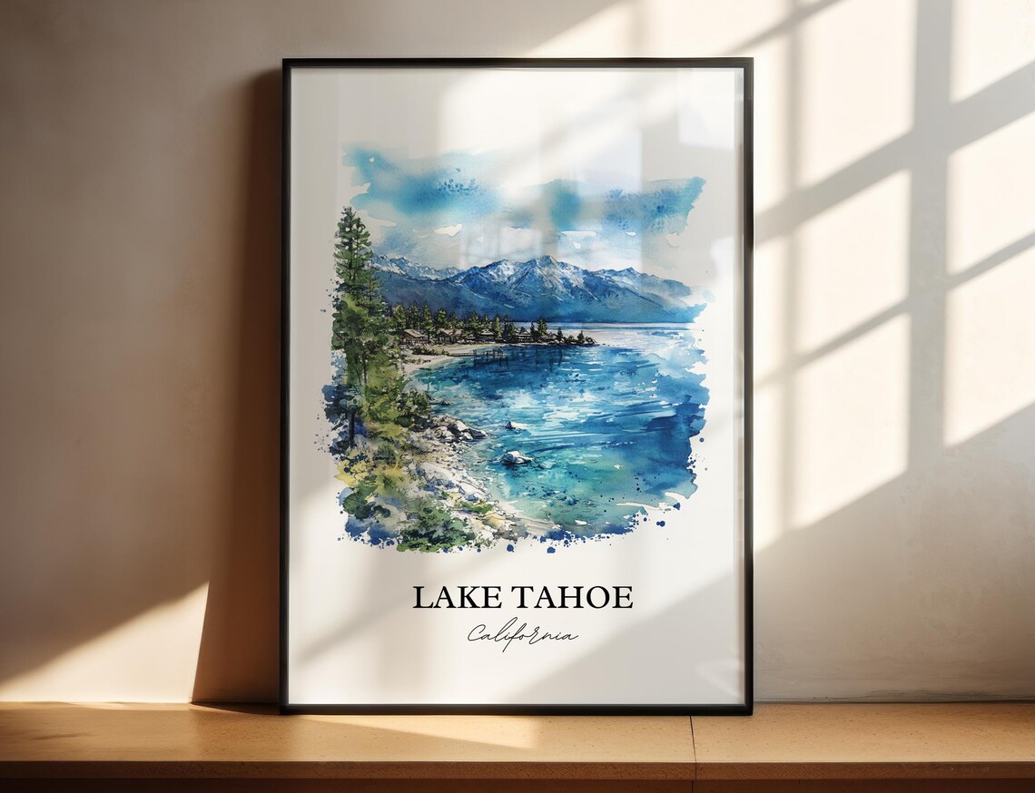 Lake Tahoe California Watercolor Turquoise Water Snow Mountains Poster