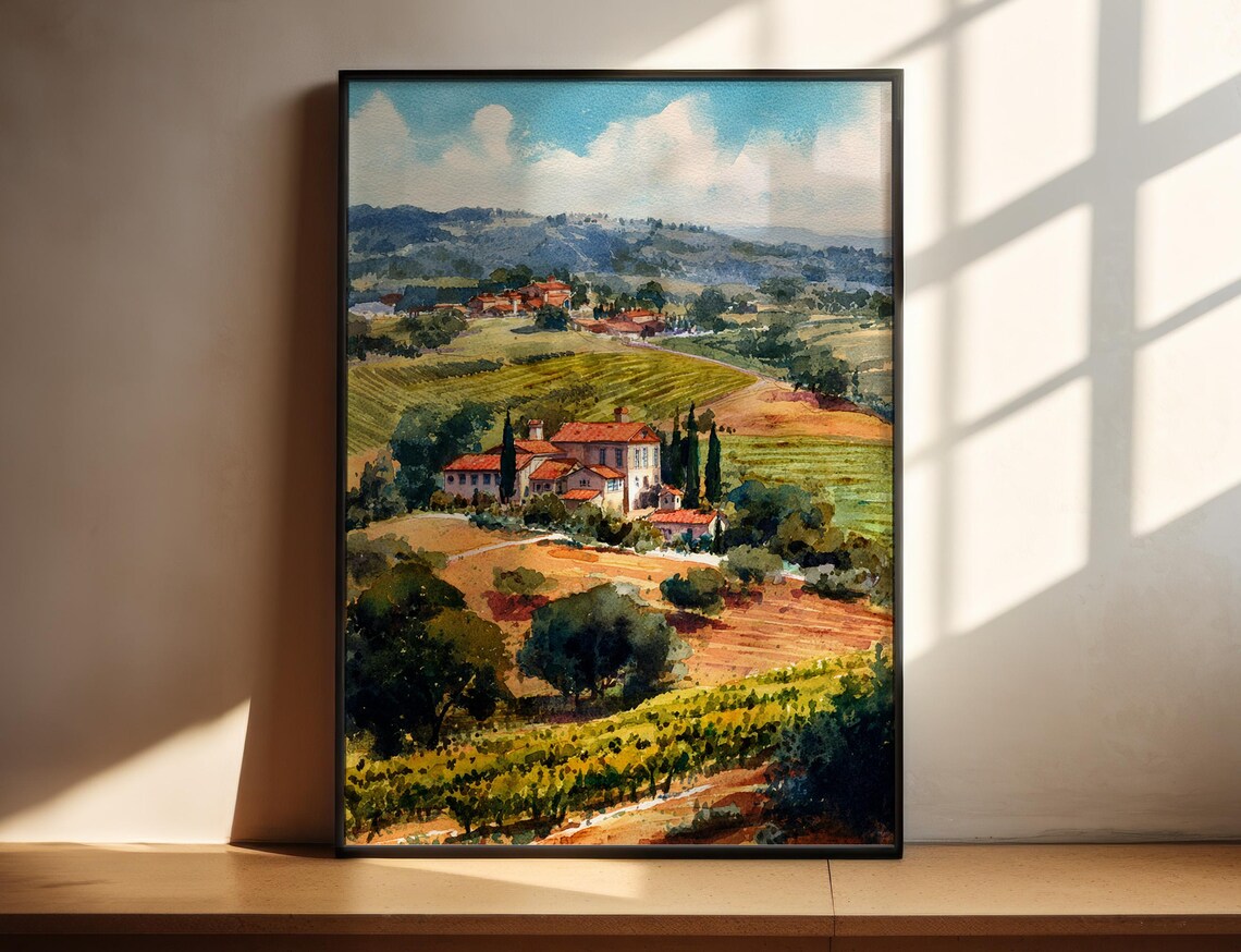 Sonoma Wine Country Watercolor Vineyard Estate Rolling Hills Poster