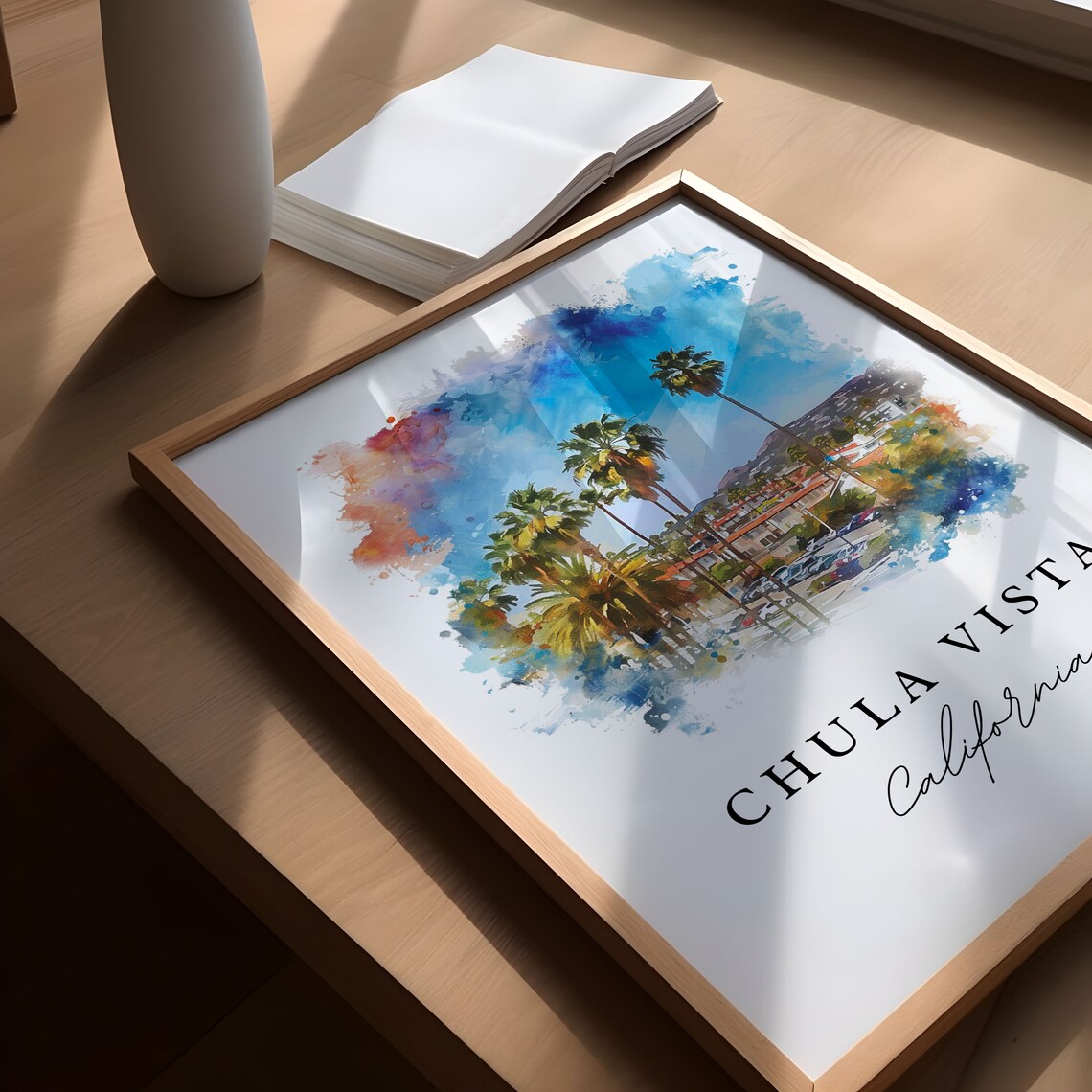 Chula Vista California Palm Tree Town Watercolor Travel Poster - Image 5