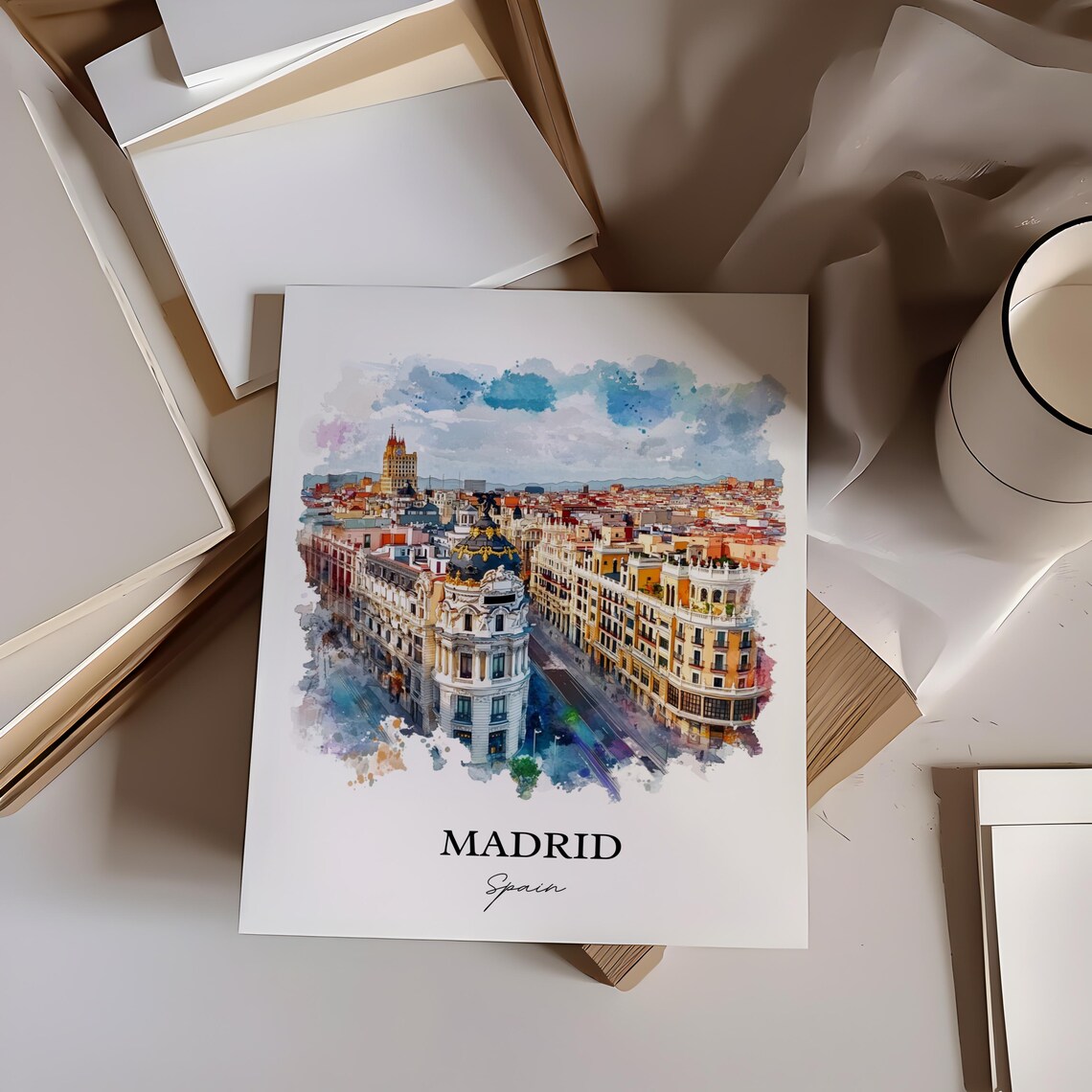 Madrid Spain Gran Via Cityscape Watercolor European Travel Poster - Image 3