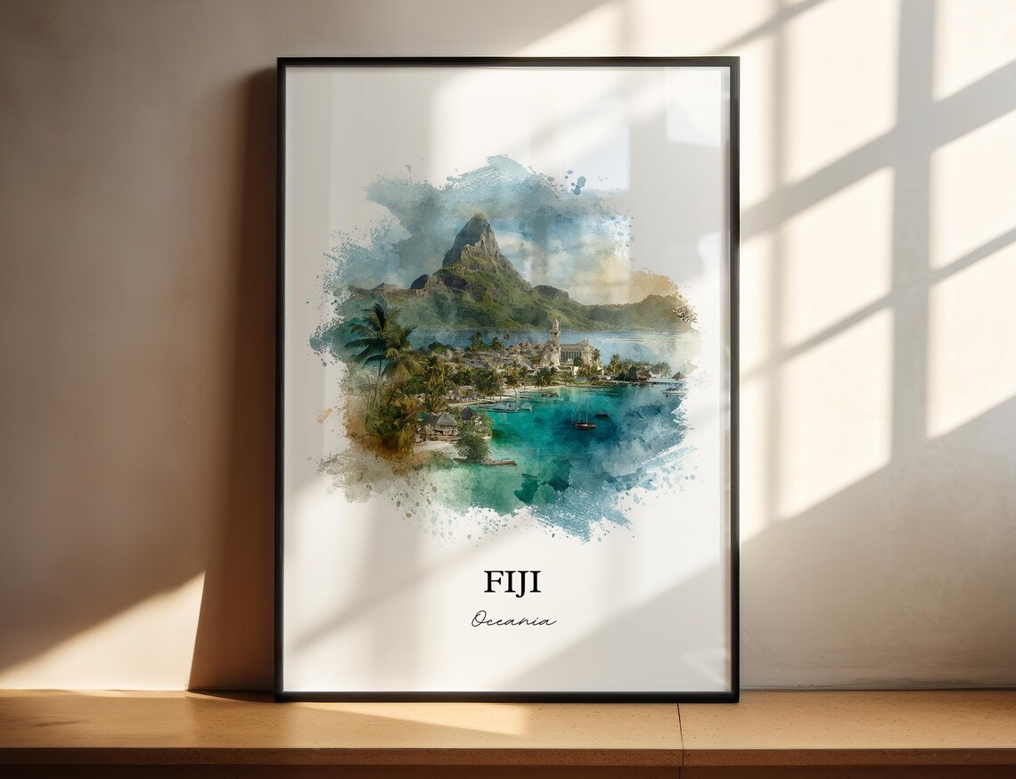Fiji Oceania Tropical Mountain Harbor Town Watercolor Travel Poster