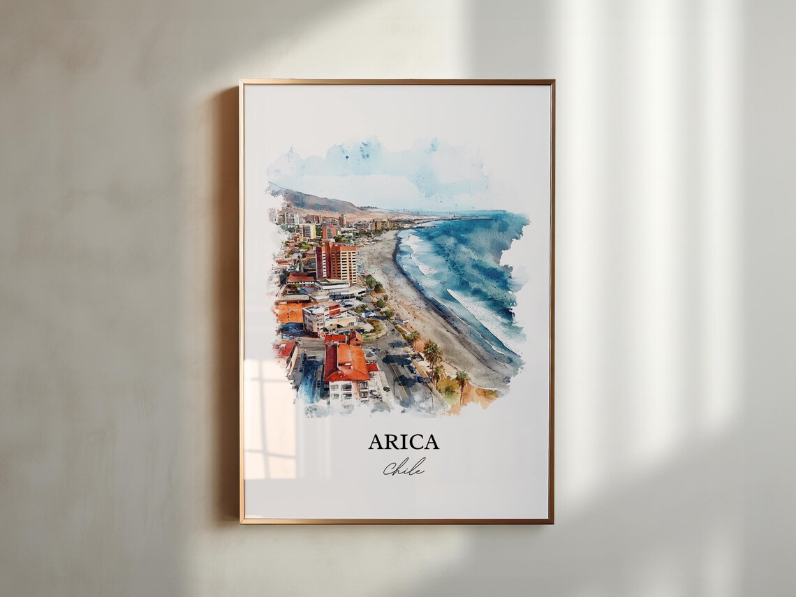 Arica Chile Watercolor Aerial Coastal City Beach Scene Poster - Image 4