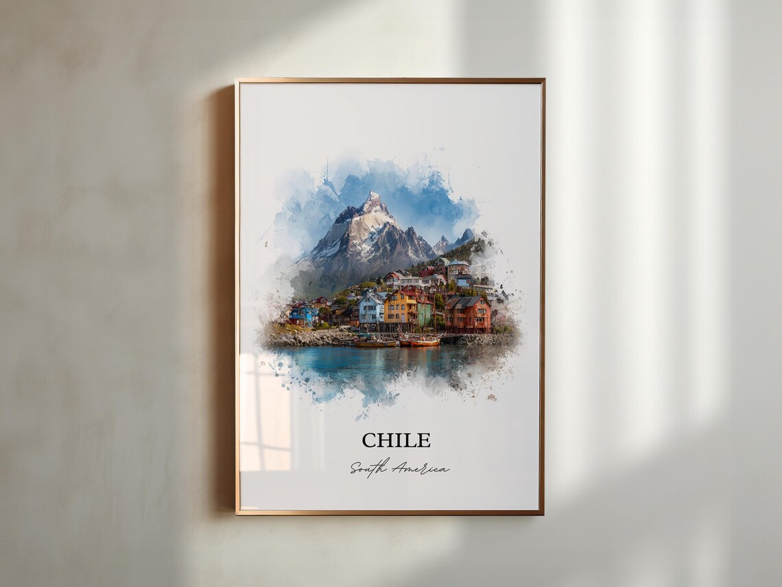 Chile Watercolor Snowy Peaks Fishing Port Town Travel Poster - Image 5