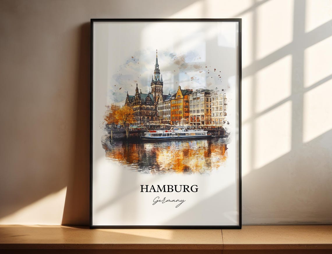 Hamburg Germany Watercolor City Hall Waterfront Boat Reflection Poster