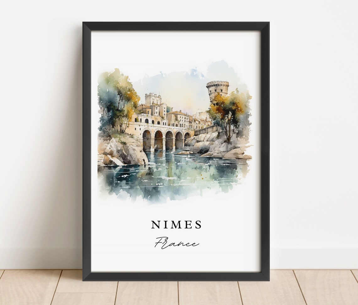 Nimes France Riverside Bridge Tower Watercolor Travel Poster