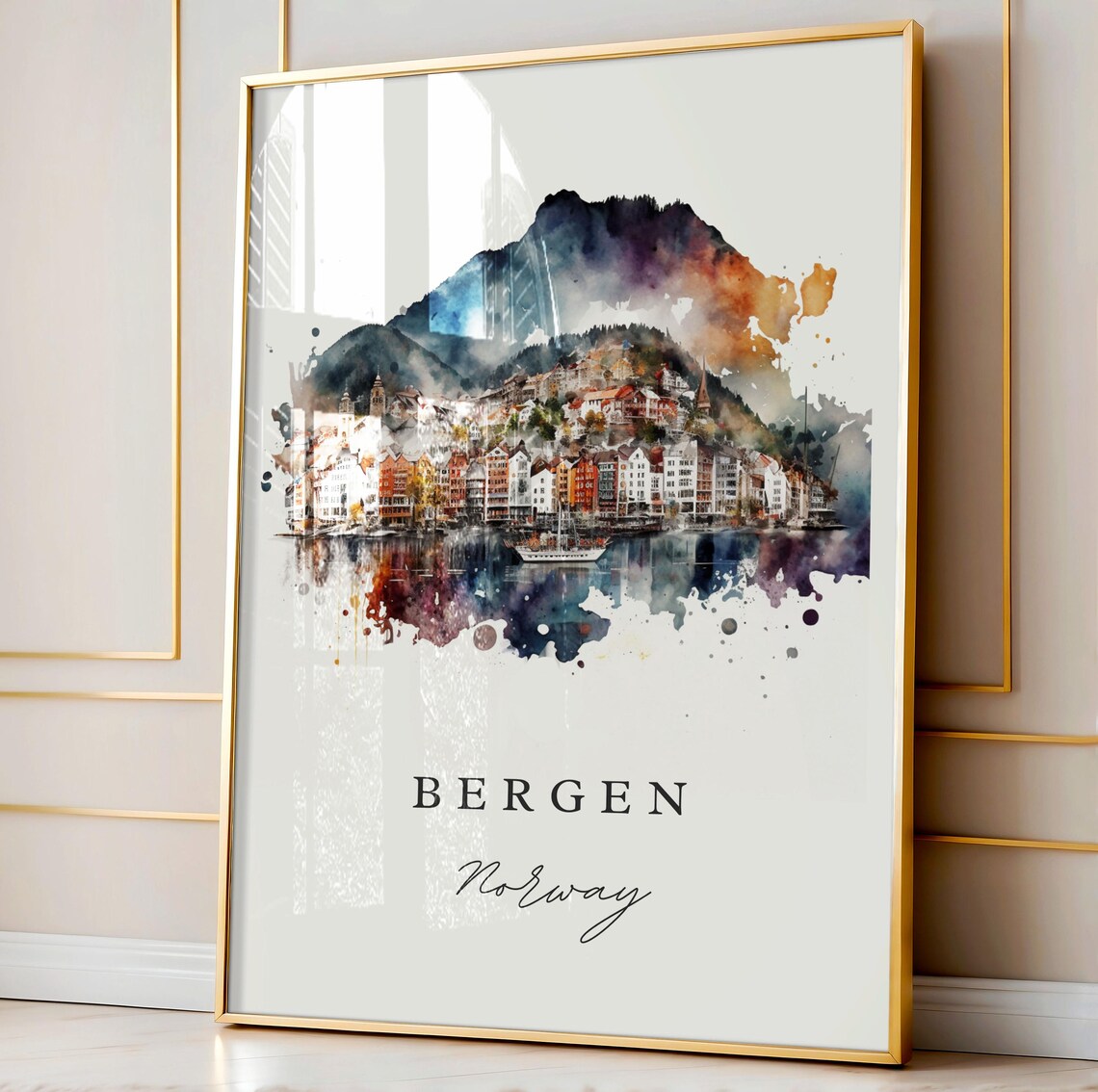 Bergen Norway Watercolor Harbor Mountain City Fjord View Poster - Image 4