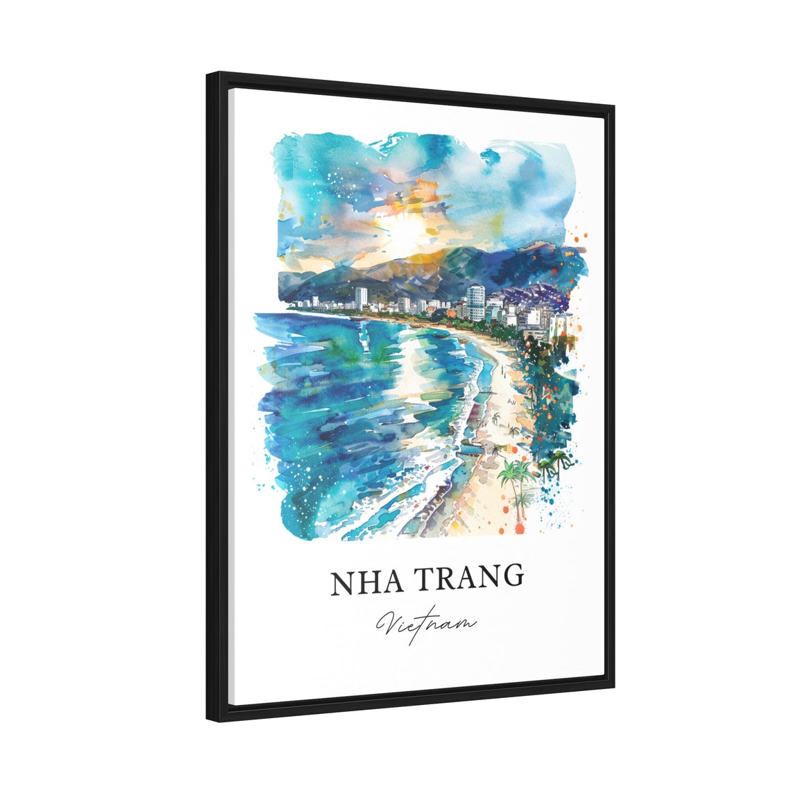 Nha Trang Vietnam Watercolor Turquoise Beach Bay Scene Poster - Image 2
