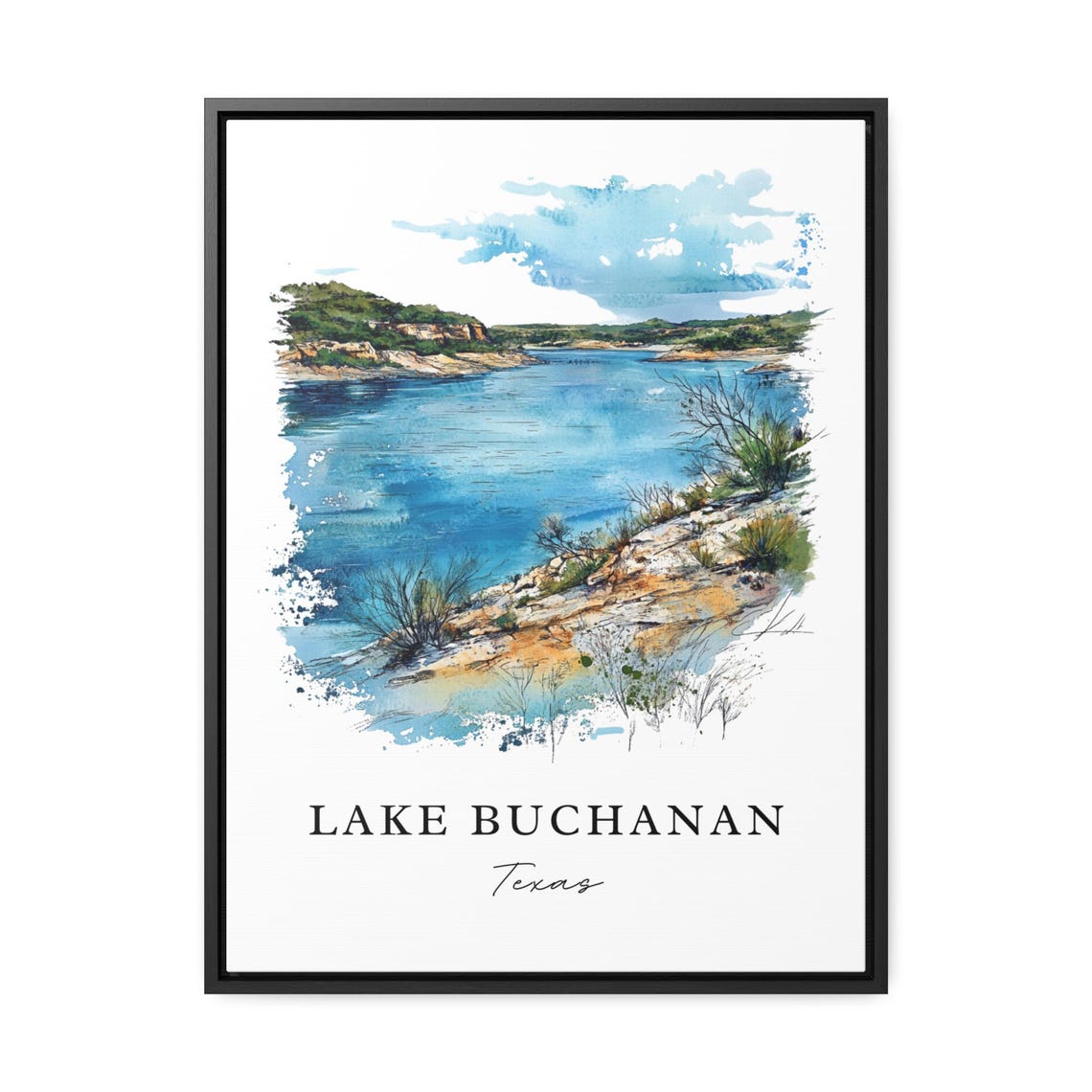 Lake Buchanan Texas Watercolor Rocky Lake Shore Scene Poster - Image 3