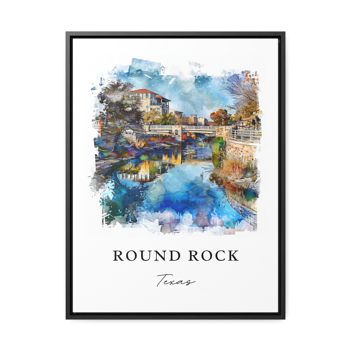 Round Rock Texas Watercolor Creek Bridge Reflection Scene Poster - Image 2