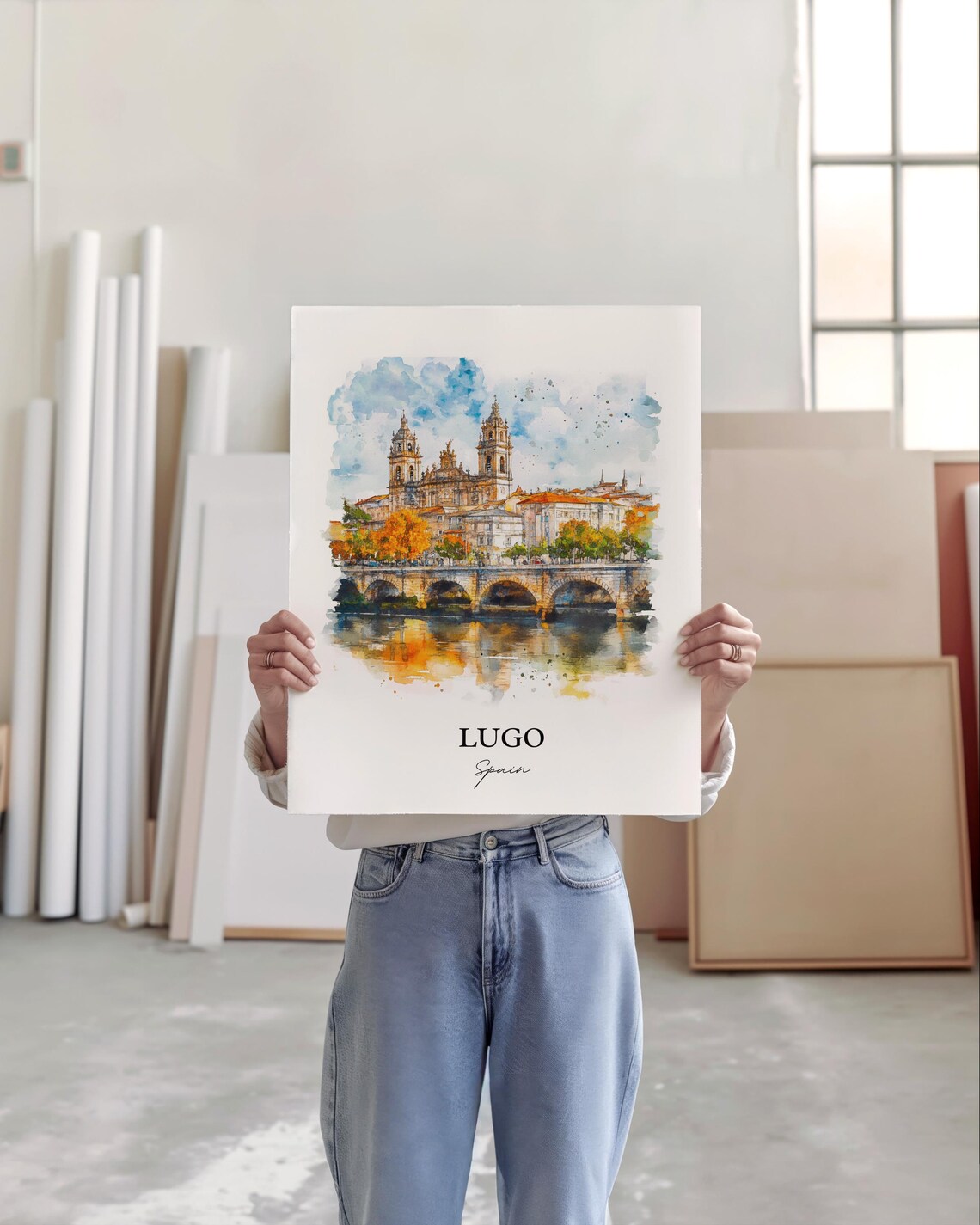 Lugo Spain Watercolor Cathedral Stone Bridge Autumn River View Poster - Image 5