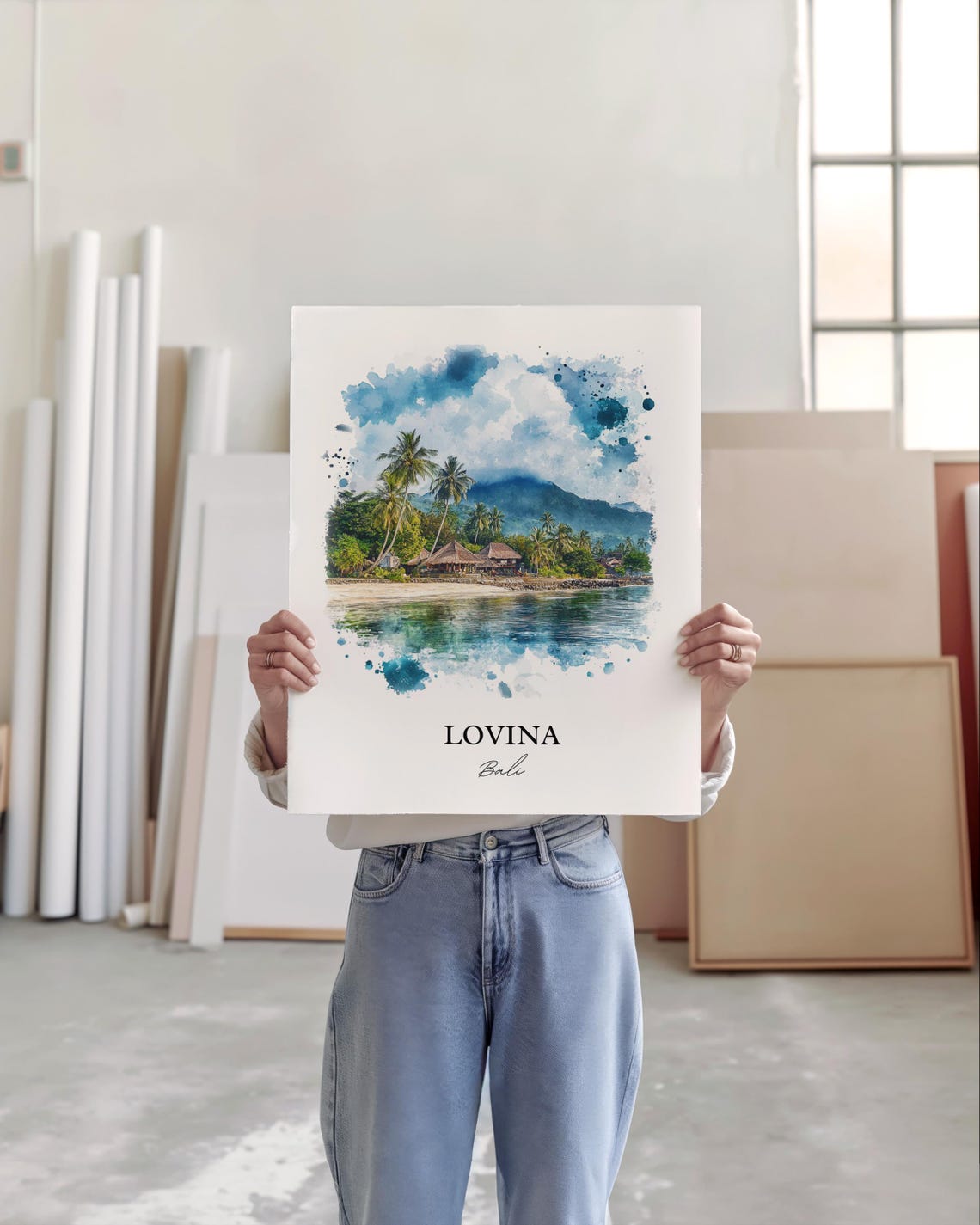 Lovina Bali Watercolor Palm Beach Mountain Bay Sunset Poster - Image 5